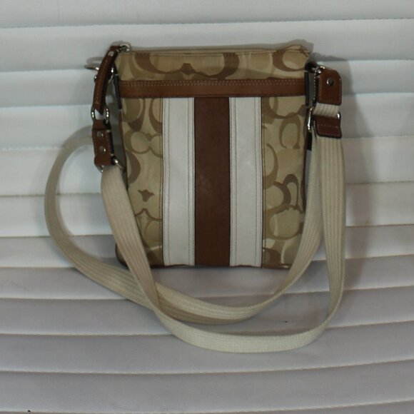 Coach Crossbody Shoulder brown white  messenger leather trim   bag 8.5"x7.5" - Picture 3 of 6